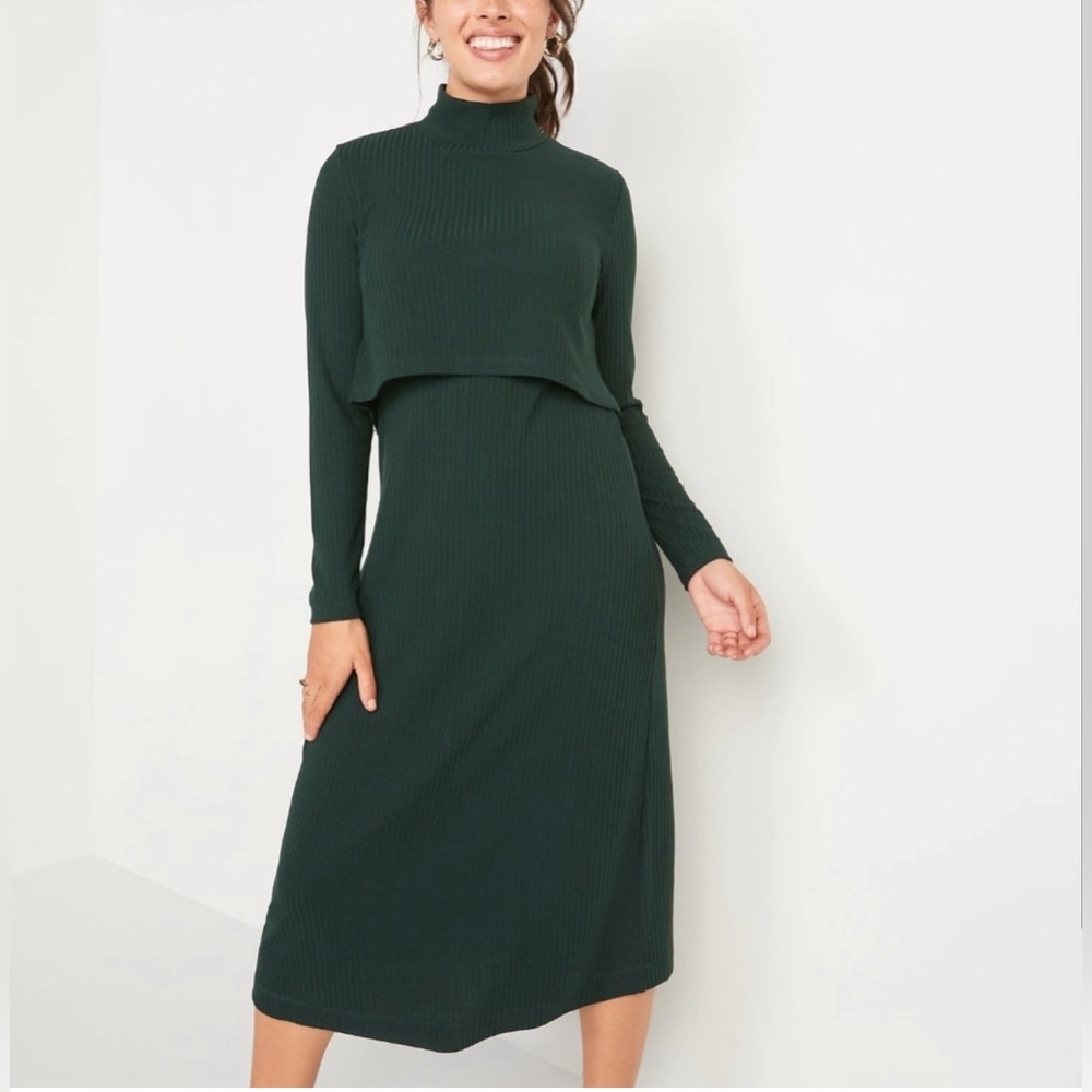 Old Navy Maternity Green Mock Neck Double Layer Nursing Midi Dress